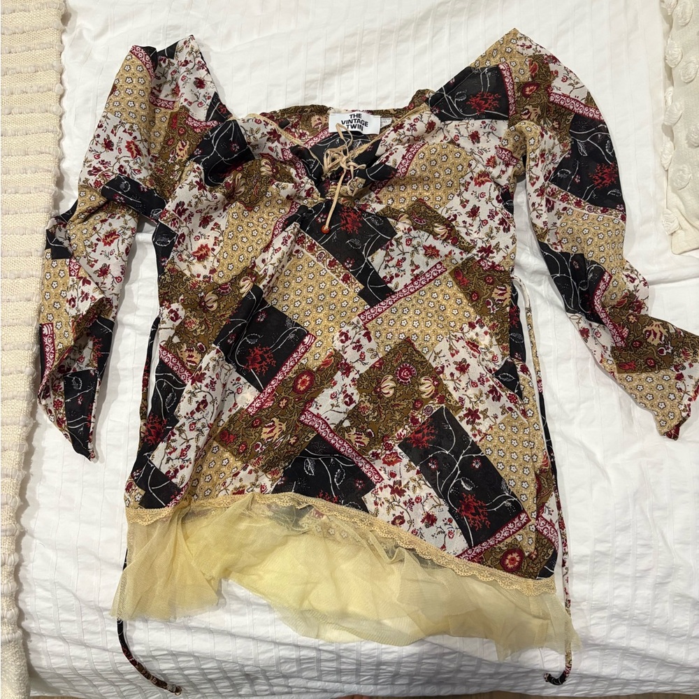 Vintage-Inspired Patchwork Tie-Neck Tunic - Yellow Multi
